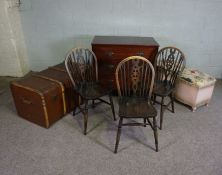 A group of assorted items including an Ottoman, travelling trunk, chest of drawers & three kitchen