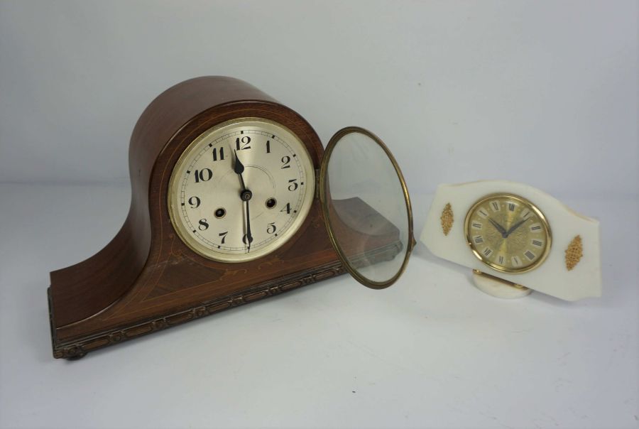 A mahogany cased mantel clock, early 20th century, with arched case, 24cm high, 43cm wide, - Image 3 of 5