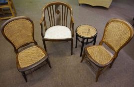 An Edwardian mahogany tub armchair, circa 1910, with line inlays, together with two small caned