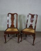 A pair of Queen Anne ash and oak framed dining chairs, with baluster carved splat, rush seat over