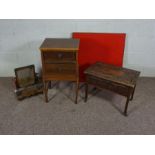 A two drawer bedside table, folding bridge table, carved occasional table and toilet mirror (4)