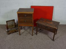 A two drawer bedside table, folding bridge table, carved occasional table and toilet mirror (4)