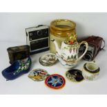 A box of assorted items including, three early NASA souvenir cloth badges, two cameras, a work