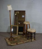 A selection of assorted objects, including a standard lamp, two mirrors, an ebonised piano stool,