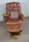 An Ekornes ‘Stressless’ leather and bentwood reclining chair and footstool, Norwegian, contemporary,