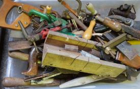 A quantity of assorted garden and workshop tools, including four hand axes, saws, plane and other