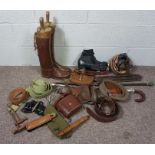 A collection of ephemera, including a pair of leather boots and trees, 'Sam Brown' military belt,