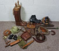 A collection of ephemera, including a pair of leather boots and trees, 'Sam Brown' military belt,