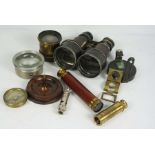 A collection of optical instruments, including a small 19th century folding brass and mahogany