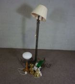 A modern standard lamp with cluster column pillar, together with three modern table lamps and a pair