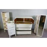 A white painted chest, bedside cabinet, two open shelves, a mirror and small wall shelf (6)