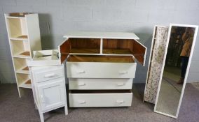 A white painted chest, bedside cabinet, two open shelves, a mirror and small wall shelf (6)