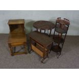 Five assorted small tables, including an oak telephone table, modern etagere, folding cake stand,