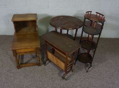 Five assorted small tables, including an oak telephone table, modern etagere, folding cake stand,