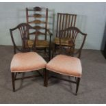 A 19th century Lancashire style ash framed ladder back armchair, with rush seat, together with a