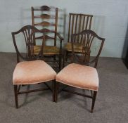 A 19th century Lancashire style ash framed ladder back armchair, with rush seat, together with a