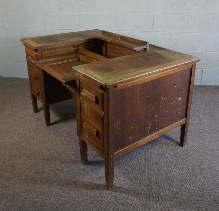 An oak typists desk, early 20th century, the rectangular top with folding and recessed typewriter - Image 6 of 7