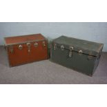 Two metal banded and painted travelling trunks (2)