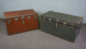 Two metal banded and painted travelling trunks (2)