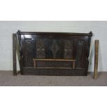 A carved oak cupboard, box and bed head, all made from reclaimed timber (3)