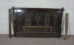 A carved oak cupboard, box and bed head, all made from reclaimed timber (3)