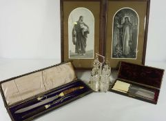 An Edwardian three piece carving set, with horn and ivory handles and silver collars, hallmarked