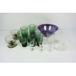 Nine assorted green glass tumblers and other glass, including a bowl engraved with honeysuckle (a