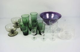 Nine assorted green glass tumblers and other glass, including a bowl engraved with honeysuckle (a