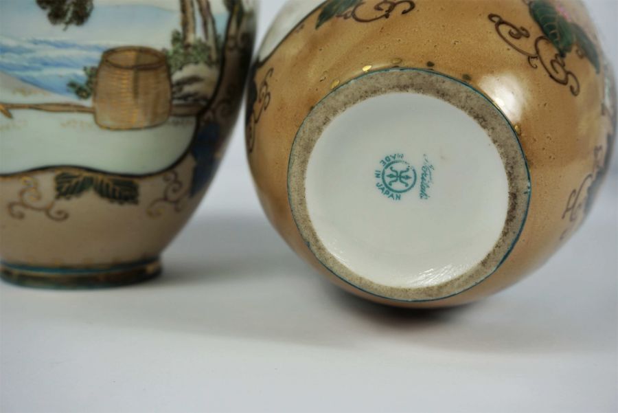 A pair of Japanese Noritake vases, decorated with figures, 17cm high, together with a blue and white - Image 7 of 19