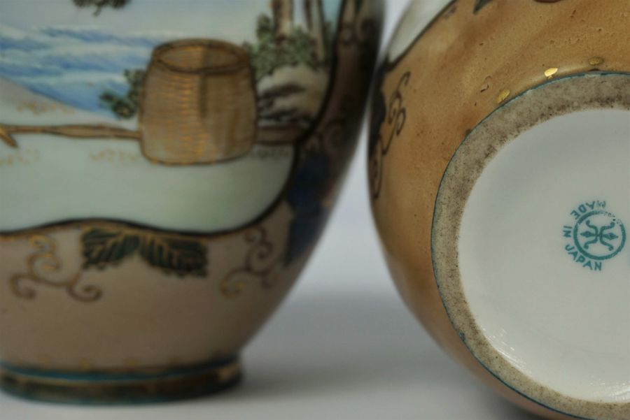 A pair of Japanese Noritake vases, decorated with figures, 17cm high, together with a blue and white - Image 8 of 19