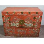 A Chinese red lacquered and mother of pearl wedding cabinet, late Qing dynasty or early Chinese
