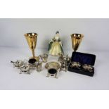 A small quantity of assorted silver and silver plated condiments, including a pair of cased open