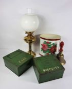 A brass hand bell, together with a brass column oil lamp, waste paper basket and two large painted