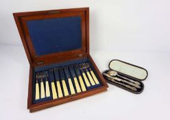A cased set of six pairs of silver bladed fish eaters, Sheffield 1882, together with a Victorian