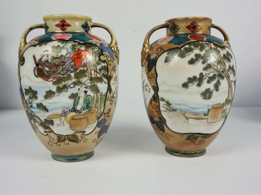 A pair of Japanese Noritake vases, decorated with figures, 17cm high, together with a blue and white - Image 5 of 19