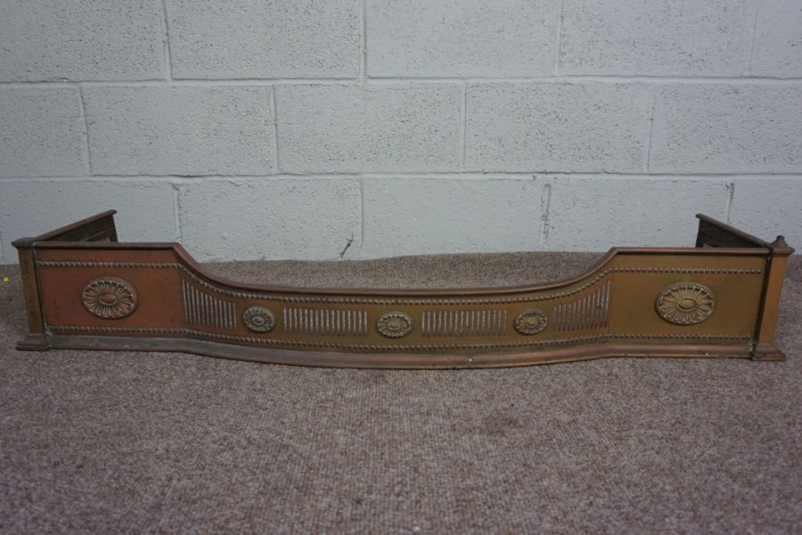 A 19th century brass fire curb, with pierced decoration, 126cm wide, and a wrought iron - Image 2 of 4