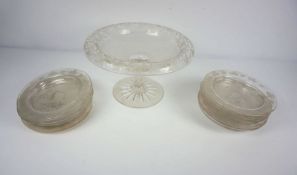 A Victorian engraved glass fruit service, late 19th century,  including a tazza, of circular