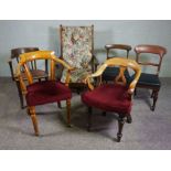 A Victorian ash smokers bow armchair, late 19th century, together with five assorted chairs