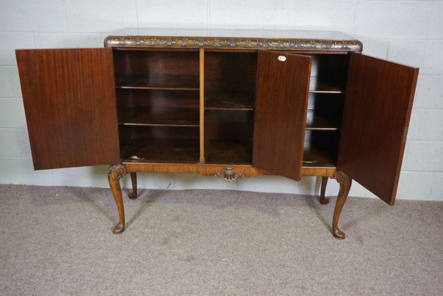 A George II style walnut veneered side cabinet, 20th century reproduction, the moulded top with - Image 4 of 8