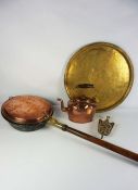 A 19th century copper warming pan, with scrolled engraved pan, turned fruitwood handle, 114cm