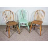 Three provincial elm and ash Kitchen hoop backed chairs, with stick backs and turned legs, one later