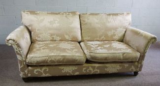 Two three seat cream upholstered damask sofas, 218cm long