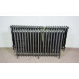 Three cast iron radiators, Victorian style, four bar design, 120cm, 95cm, 65cm long, 76cm high