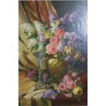 Continental School, 20th century,  Still life of Roses and Lilacs in a brass vase,  oil on canvas,