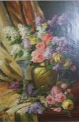 Continental School, 20th century,  Still life of Roses and Lilacs in a brass vase,  oil on canvas,