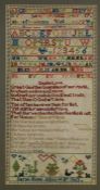 A Victorian woodwork sampler, by Sarah Wood, aged 14, dated 1863, decorated with the alphabet,