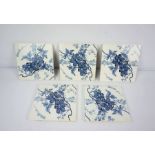 A set of five Staffordshire porcelain tiles, Minton’s China Works, decorated in blue and white