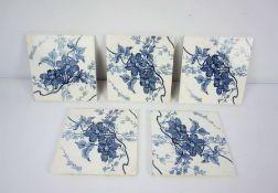 A set of five Staffordshire porcelain tiles, Minton’s China Works, decorated in blue and white