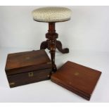 A Victorian piano stool, with stuffed over seat and carved tripod base; together with a Victorian