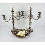 A large and good pair of George III style silver plated three light candleabra, with gadrooned